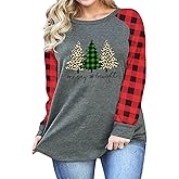 HDLTE Plus Size Merry Christmas Shirts Women Plaid Christmas Sweatshirt Long Sleeve Tee Tops
