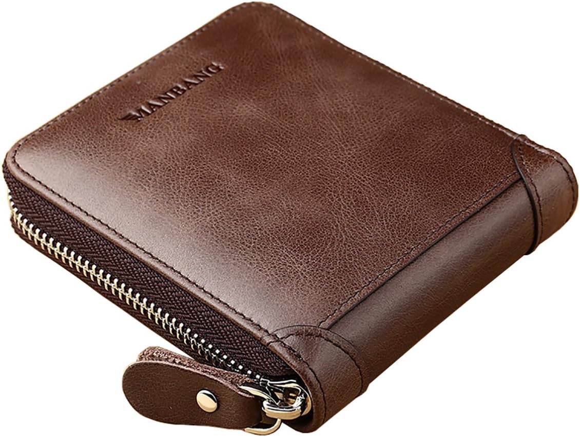 Men's Leather Zip Around Wallet ID Card Window Secure Zipper Bifold RFID