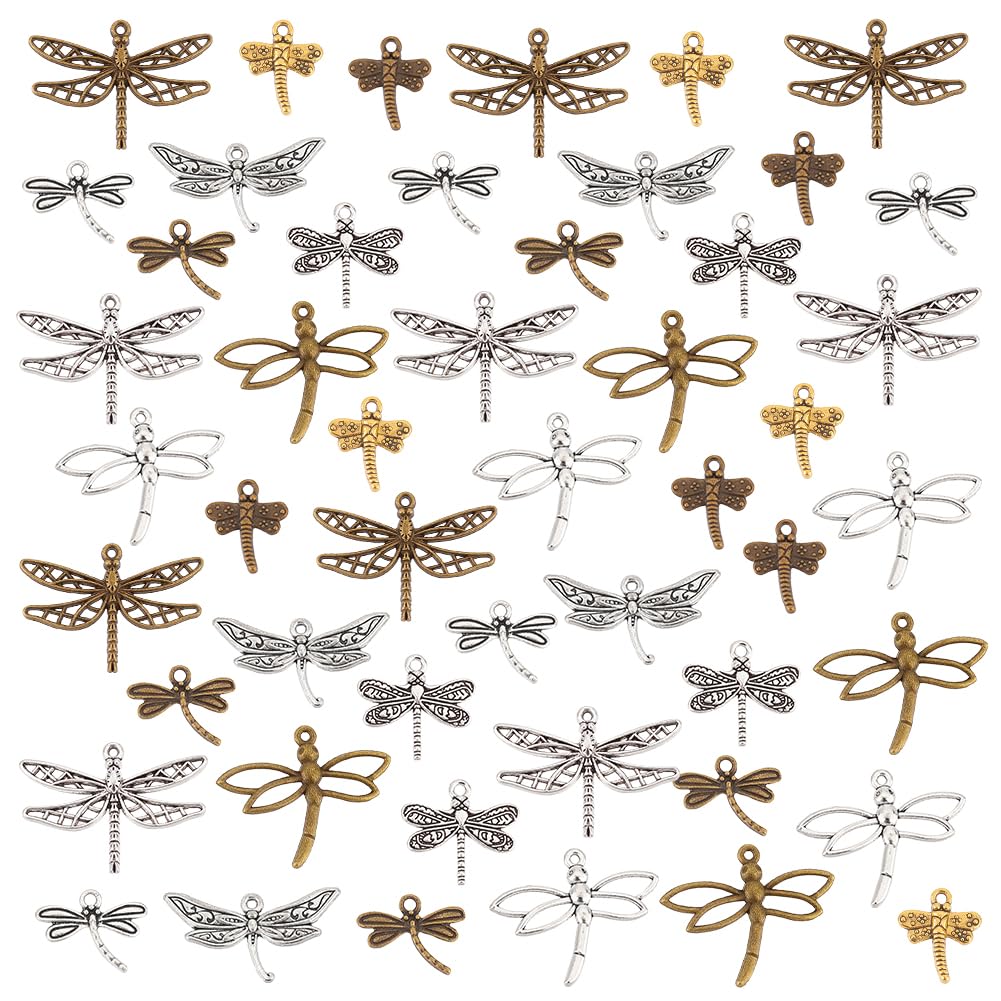 PH PandaHall 100PCS Dragonfly Charms, 10 Style Tibetan Insect Pendants Silver Spring Charms Antique Bronze Flying Insects Charm for Jewellery Making Craft Bracelets Necklace