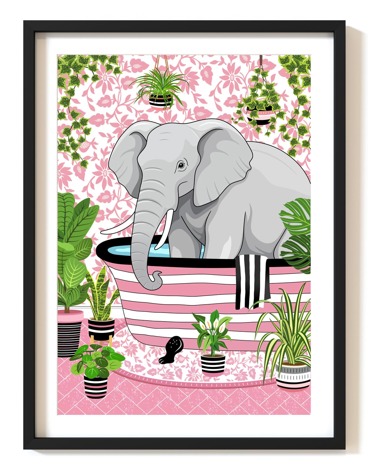 Parmaro Elephant Bathroom Print, Elephant Toilet Print, A4 UNFRAMED Print, Animal Bathroom Print, Pink Botanical Print Tropical Bathroom Decor