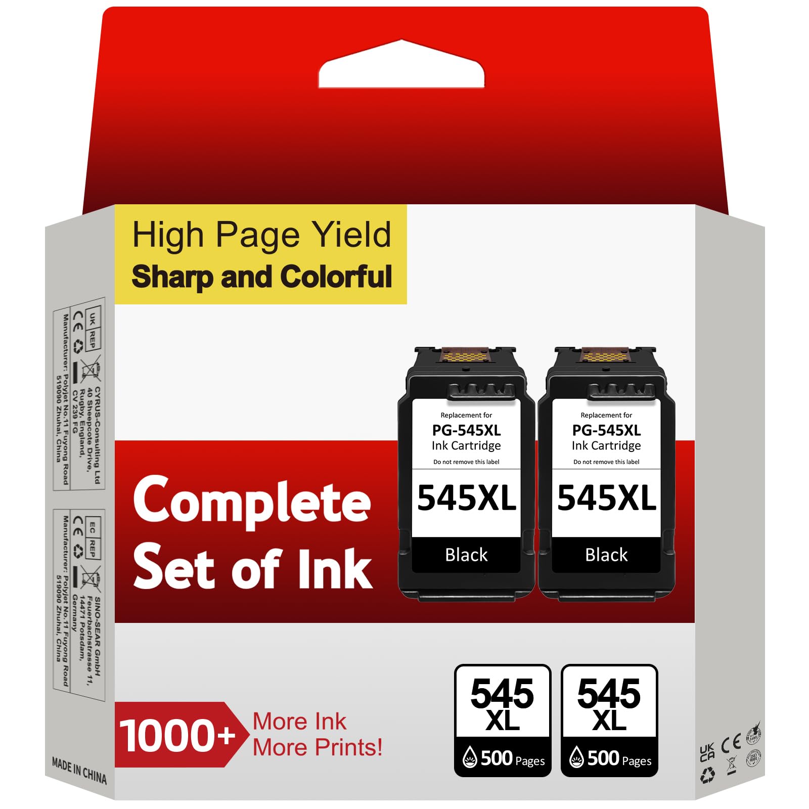 Sunnieink PG-545XL Ink Cartridges Black- 2x 500+ Pages, Replacement for Original Canon 545 Black Ink Cartridges, Printer Ink 545 XL for Pixma TS3300 TR4500 TS3450 MG2550s TS3150 MX495 MX490 TR4550