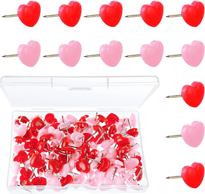 Rowwait 100pcs Heart Shaped Push Pins Pink Red Thumbtacks for Cork Boards Photos
