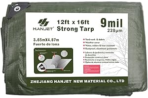 Hanjet Multi Purpose Tarp 12' x 16' 9-mil Thick Waterproof Camping Tents Tarps Poly Tarpaulin Green
