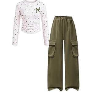 GEMLON Girls Clothes Polka Dots Long Sleeve Top with Cargo Pants for 7-14Y | 2PCS Girls Outfits Long Sleeve Ruched Hem Long S