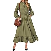 RuoRayVan Women's 2026 Spring Dresses Long Sleeve Elegant Crew Neck A-Line Elastic Wasit Lightweight Formal Casual Midi Dress