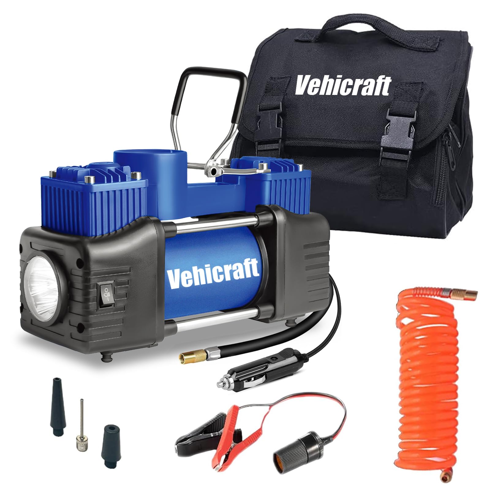 Photo 1 of Vehicraft Blue Tire Inflator Portable Air Compressor, Heavy Duty Double Cylinders Auto Pump, 12V Portable Air Compressor Pump with Emergency LED Light - 150PSI Tire Pump, Apply to Car, SUV, RV