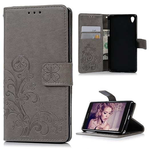 MAXFE.CO Lederhülle Leder Tasche Case Cover für Sony Xperia Z2 Hülle PU Schutz Etui Schale Gray Muster Design Backcover Flip 
