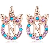 TRWWELL Cute Rose Gold Initial N Unicorn Hypoallergenic Stud Earrings CZ Rhinstone Initial Letter Stud Earrings Unicorns Jewelry Gifts for Girls 3 years old +