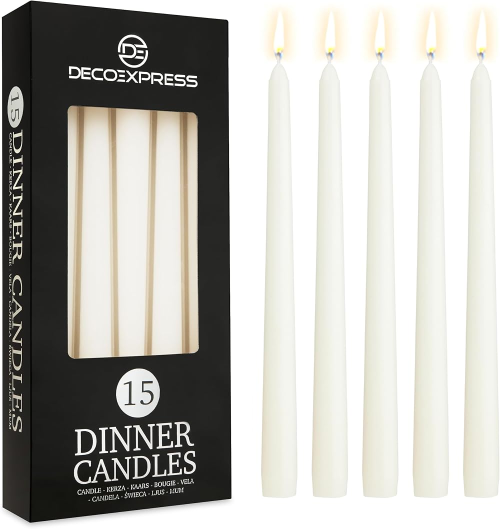 DECO EXPRESS Candles Set 15 Pack Classic Dripless Tapered Unscented White