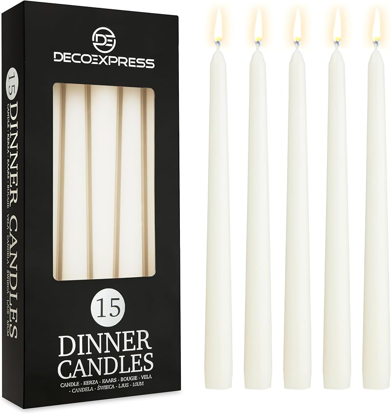 DECO EXPRESS Candles Set 15 Pack Classic Dripless Tapered Unscented White
