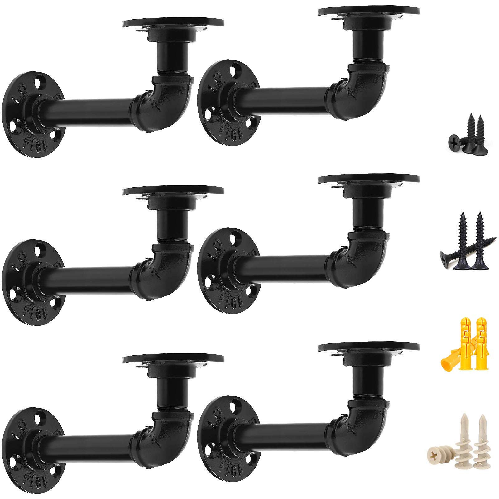 MLOQI 6 Pack Industrial Pipe Shelf Brackets - Black Iron Pipe Brackets for Shelves, Rustic Pipe Decor with Hardware Included — image 1