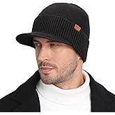 Wmcaps Mens Winter Beanie with Brim - Fleece Lined Thermal Knit Visor Hat for Cold Weather
