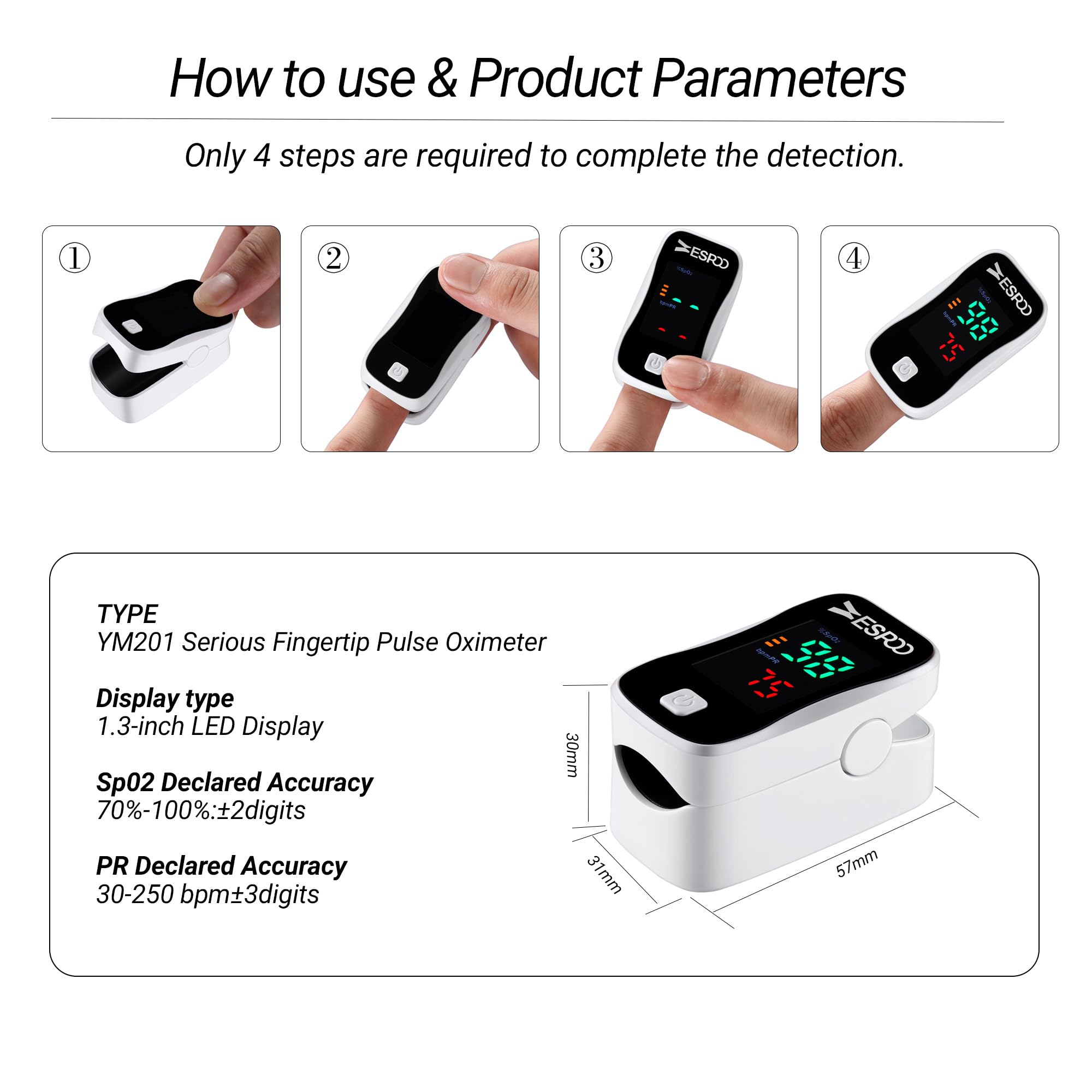 ESPOO Pulse Oximeter, Oxygen Monitor Fingertip with 2 AAA Batteries&Lanyard (White&Black)