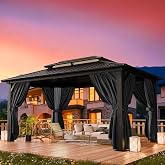 HOTEEL 10x12 Hardtop Gazebo on Clearance with Heavy Duty Galvanized Steel Metal roof, Aluminum Frame,Patio Hard top Gazebos with Curtains and Netting, Outdoor Permanent Pavillon for Backyard,Black
