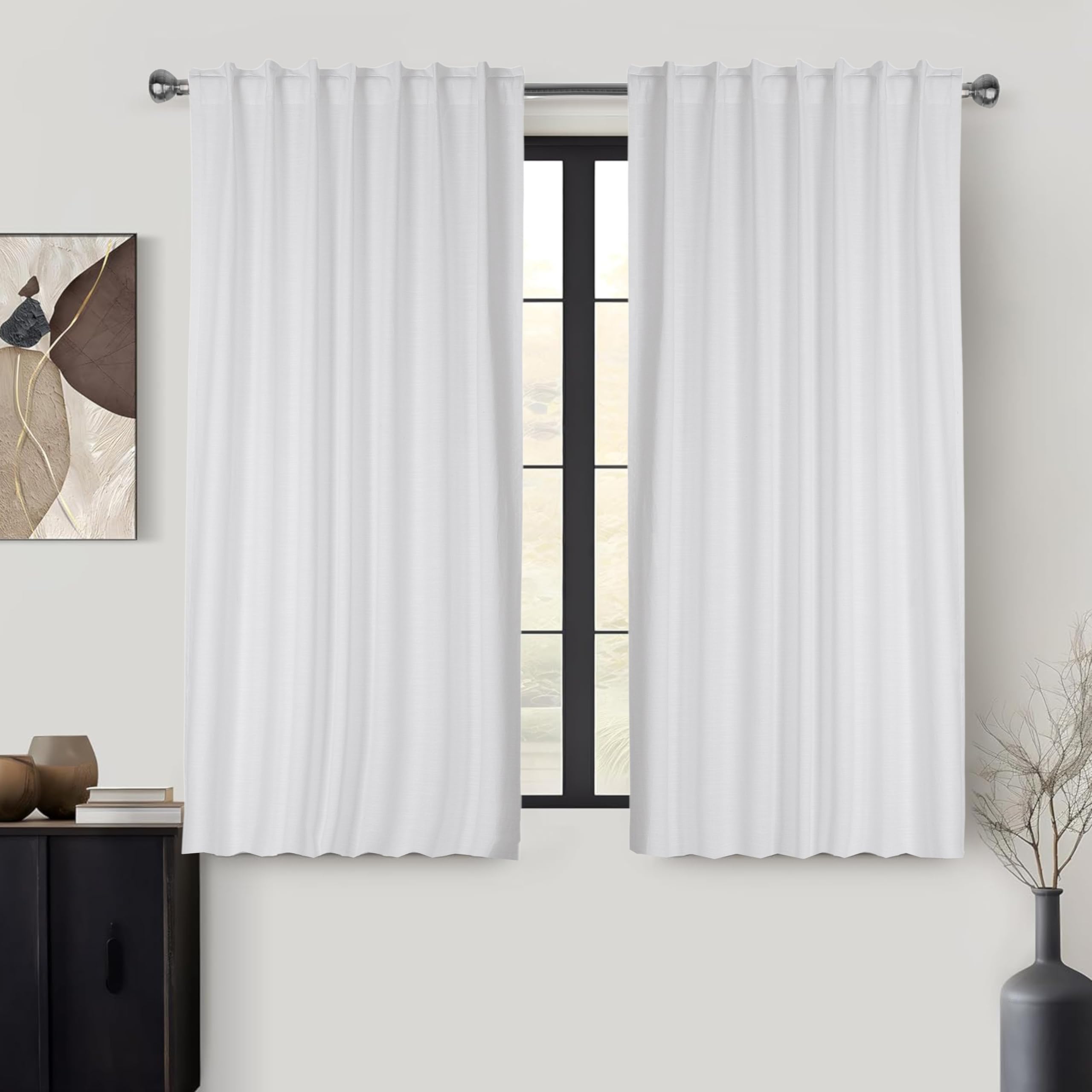 Ramanta Home Curtains Set of 2 (127x183 CM)- 100% Cotton Slub Back Tab Curtain Panels- Farmhouse Curtains for Bedroom, Living Room, Room Darkening Drapes- White