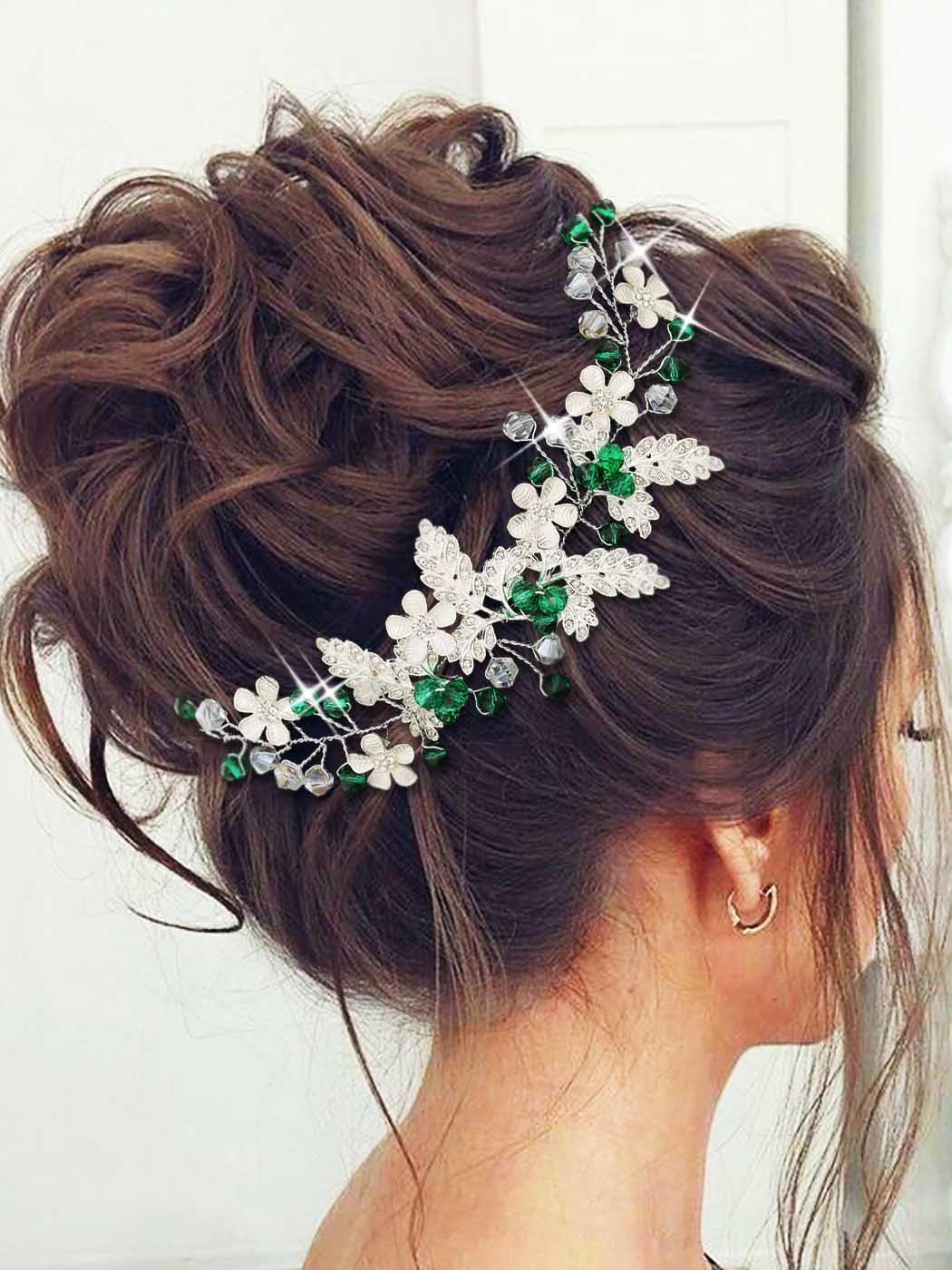 IYOU Flower Wedding Hair Vine Green Crystal Hair Accessories Bride Bridesmaid Headband Headpiece for Women