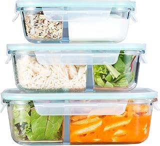 Rosenstein & Söhne Glasschüssel mit Deckel: 3er-Set Glas-Frischhaltedosen, Klick-Deckel, 2 Kammern, -40 bis 450 °C (Glasschüsseln mit Deckel)