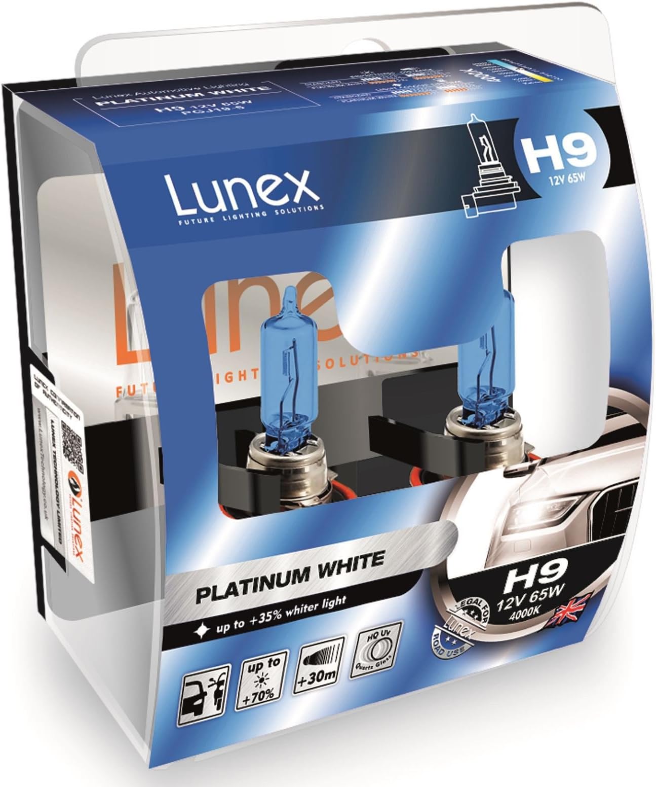 LunexH9 PLATINUM WHITE Headlight Halogen Bulbs 709 12V 65W PGJ19-5 4000K duobox (2 units)