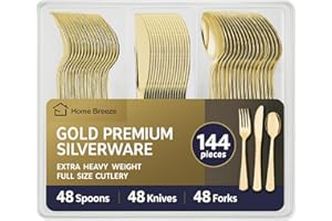 Home Breeze 144 Pack Gold Premium Plastic Cutlery Disposable Silverware Set - 48 Forks, 48 Knives, 48 Spoons - For Catering, Parties, Dinners, Weddings, and Everyday Use, Plastic box packaging