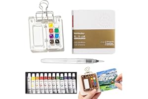 FACDIARY Mini Travel Watercolor Set Pocket Artist Watercolor Travel Set Grid Palette Box Sketch Book Brush Pens with Binder Clips for Painters Artists Students