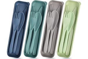 Utensils Set with Case, 4 Sets Reusable Cutlery Set, Plastic Utensil Set Spoon Knife Fork Chopsticks, Portable Flatware for L