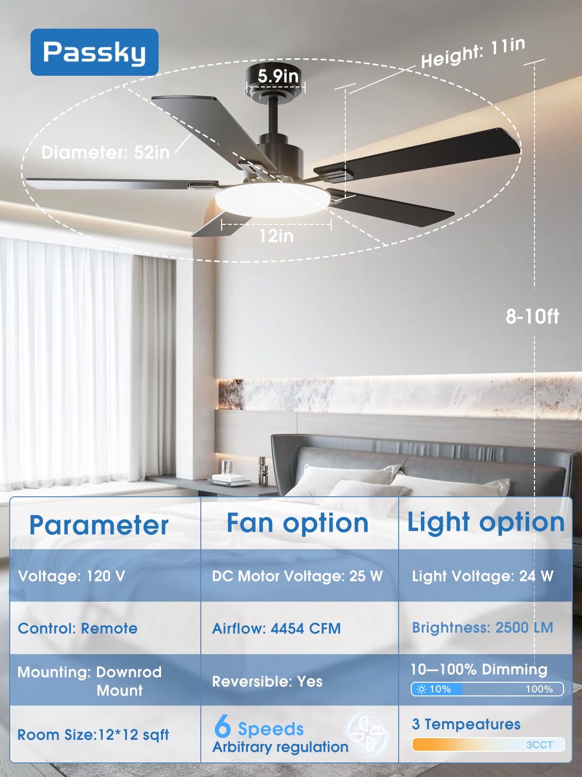 Passky Ceiling Fans with Lights, 52 inch Sleek Ceiling Fan with Light and Remote Control, 3CCT, Dimmable, Reversible, Noiseless, Black Ceiling Fan for Bedroom, Living Room