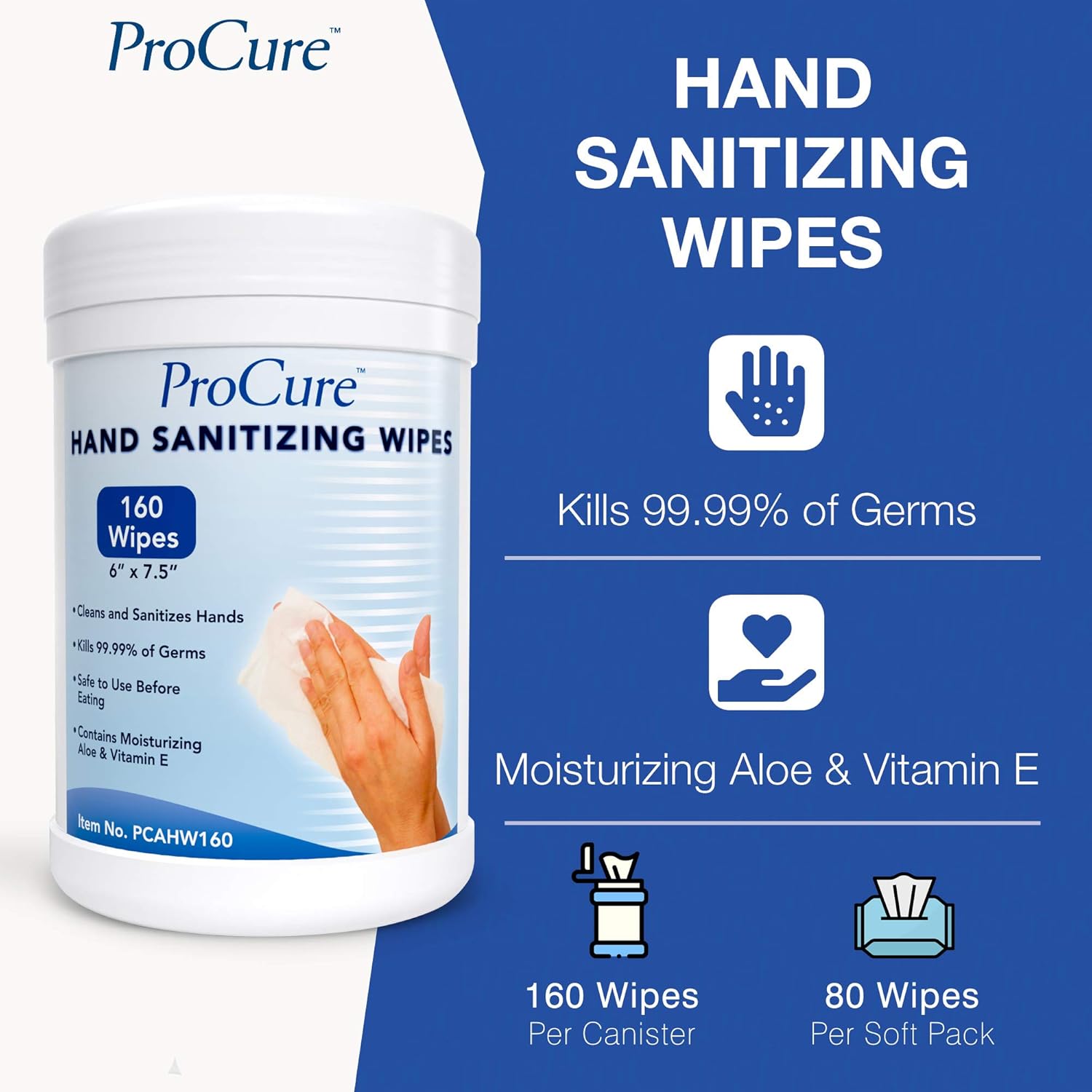ProCure Hand Sanitizing Wipes Canister – 160 Wipes - Moisturizing Formula with Aloe and Vitamin E - Kills 99.99% of Germs – Safe Before Eating - 5.5" x 7.9" Antiseptic Cleansing Cloths: Health & Personal Care