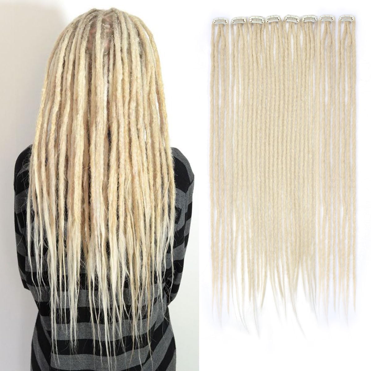 Photo 1 of Pouweney 8PCS Clip in Dreadlock Extensions, 24 inch Synthetic Clip-in Dreads Extensions Handmade Soft Thin 0.6cm Width Dreadlocks(blonde, Clip-in 32 Strands)