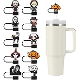 10pcs Straw Cover Cap for Stanley Cup, 10mm Black Horror Movie Silicone Reusable Straw Topper Compatible with Stanley 30&40 Oz Tumbler with Handle, Halloween Stanley Cup Accessories