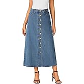 Vrtige Women's Casual Button Down High Waisted A Line Jean Midi Long Denim Skirt with Pockets