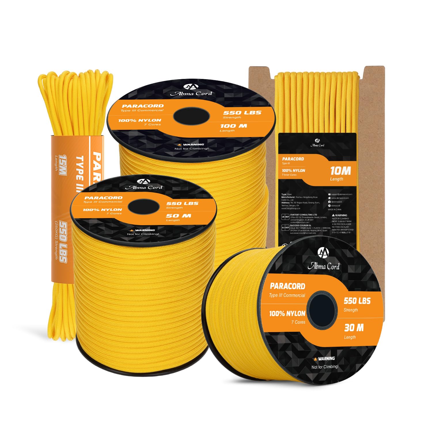 Abma Cord Paracord 550 4mm 15m 100% Nylon Rope Type III 7 Strands Parachute Cord for DIY, Camping, Survival, Outdoor - Max. 250kg - Golden Yellow