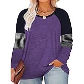 ROSRISS Plus-Size Tops for Women Raglan Short/Long Sleeve Color Block Striped T-Shirts