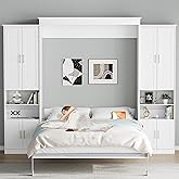 Rophefx Queen Murphy Bed with 2 Side Cabinets, USB Port, Shelves, White | Space-saving wall bed features a foldable platform frame, two side cabinets, storage shelves, and a USB port for guest rooms