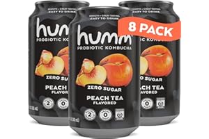 Humm Probiotic Kombucha Zero Sugar Peach Tea, No Refrigeration Needed, Keto Friendly, Organic, Vegan, Gluten Free, 12oz Cans (8 Pack)