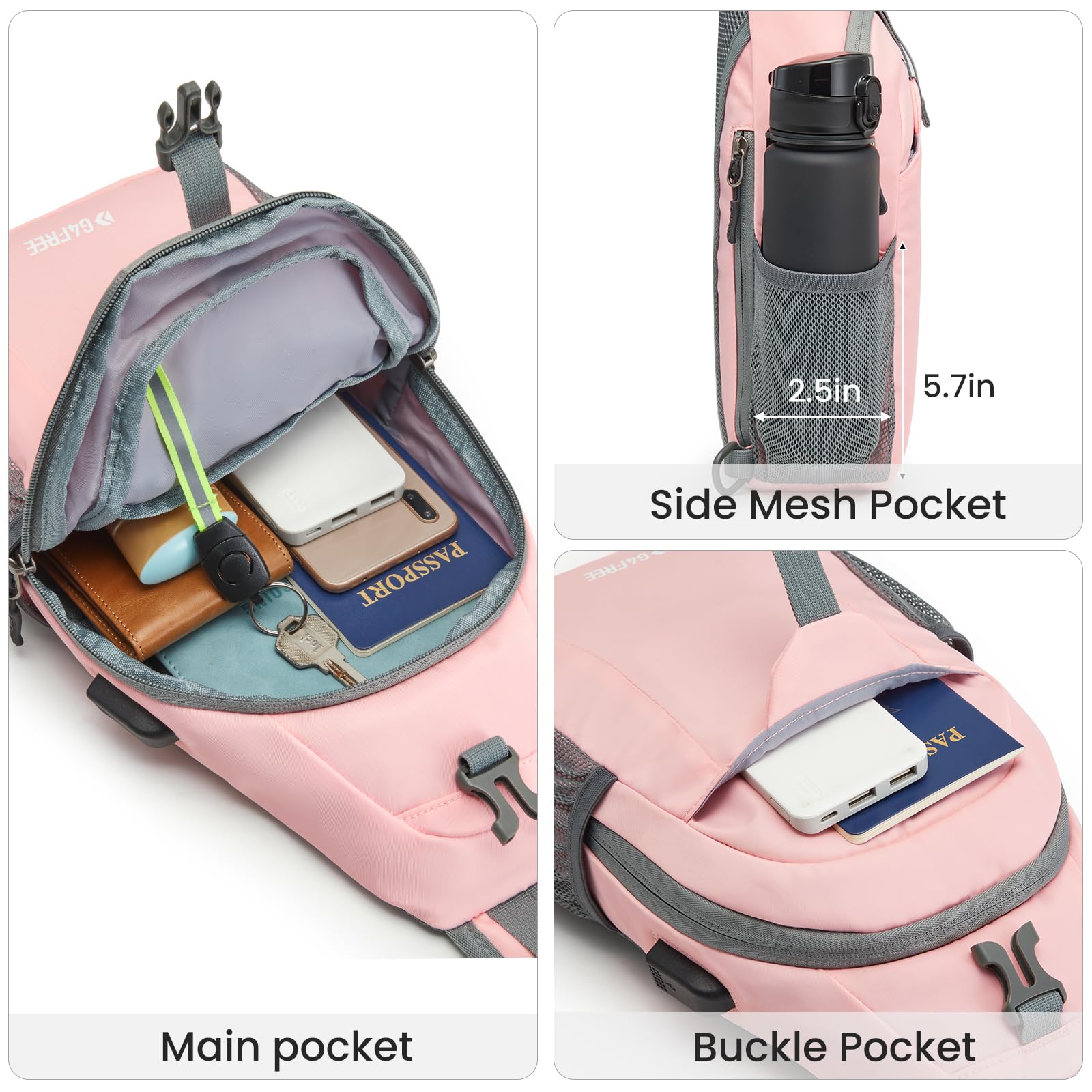 G4Free Sling Bag RFID Crossbody Sling Backpack with USB Charging Port, Travel Hiking Daypack Shoulder Chest Bag for Women Men(Pink)