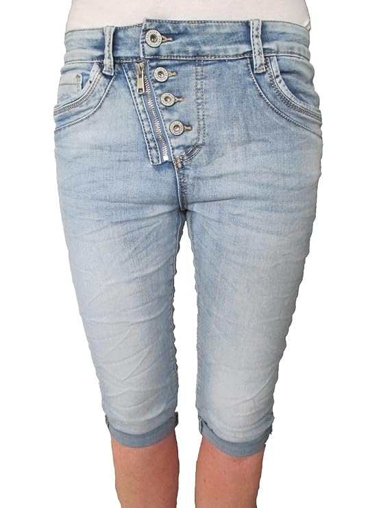Jewelly by Lexxury Damen Front Zip Knopfleiste Baggy Boyfriend Stretch Bermuda Capri Shorts Krempel Hose