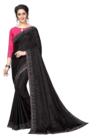 Market Magic World Womens Sana Silk Stone Studded Saree with Contrast Blouse