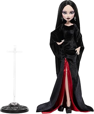 Monster High x Wednesday Doll, Morticia Addams Collectible in Black and Crimson Velvet Dress with Jewelry, Show-Inspired Heels and Doll Stand