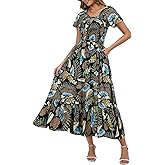 Summer Floral Smocked Maxi Dress for Women Casual Short Sleeve Flowy Long Boho Beach Party Dresses with Pockets