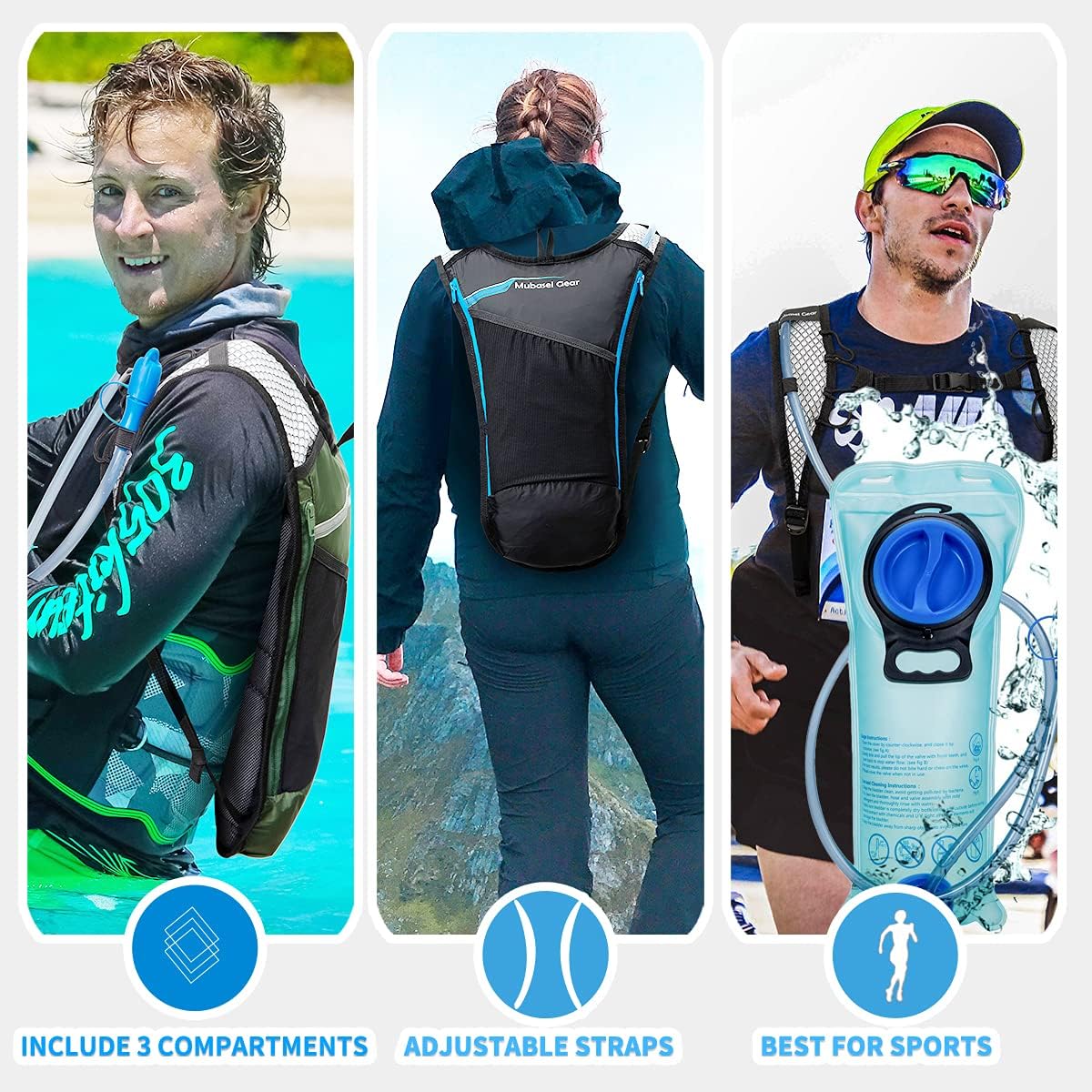 Mubasel Gear Hydration Backpack Pack with 2L BPA Free Bladder - Lightweight Pack Keeps Liquid Cool Up to 4 Hours- Outdoor Sports Gear for Running Hiking Cycling Skiing : Sports & Outdoors