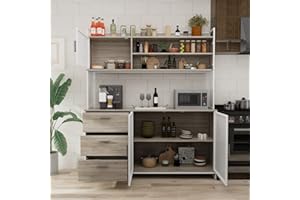 AGOTENI Large Kitchen Hutch Cabinet, Storage Cupboard Pantry with 3 Metal Doors, 3 Drawers & Microwave Shelf, for Kitchen Open Storage, Oak (59" W x 15.7" D x 68.5" H)