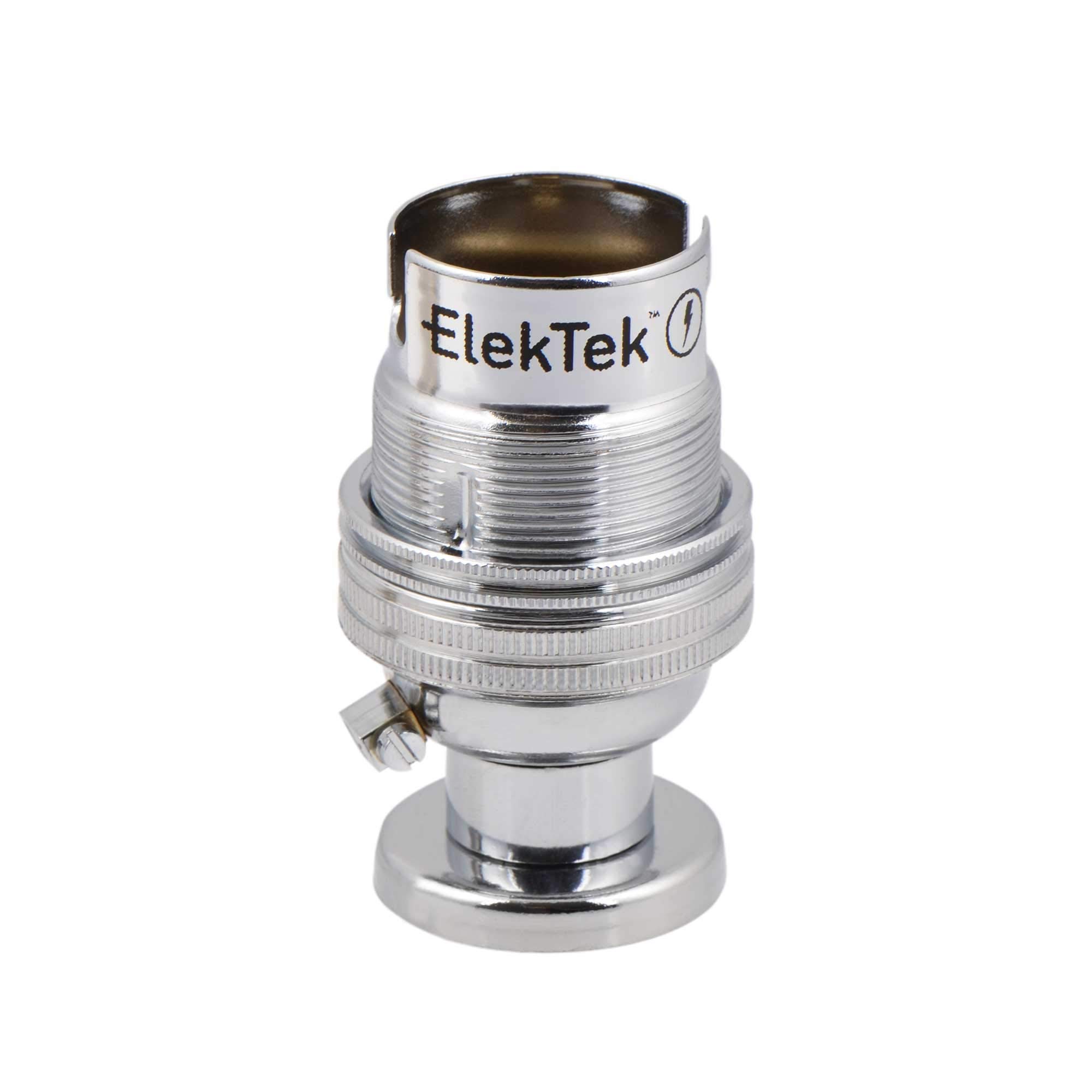 ElekTek Unswitched Lamp Holder B22 BC Bayonet Cap & Shade Ring with Solid Brass CNC Back Plate Mount, Cover and Screws - Made in UK - Chrome