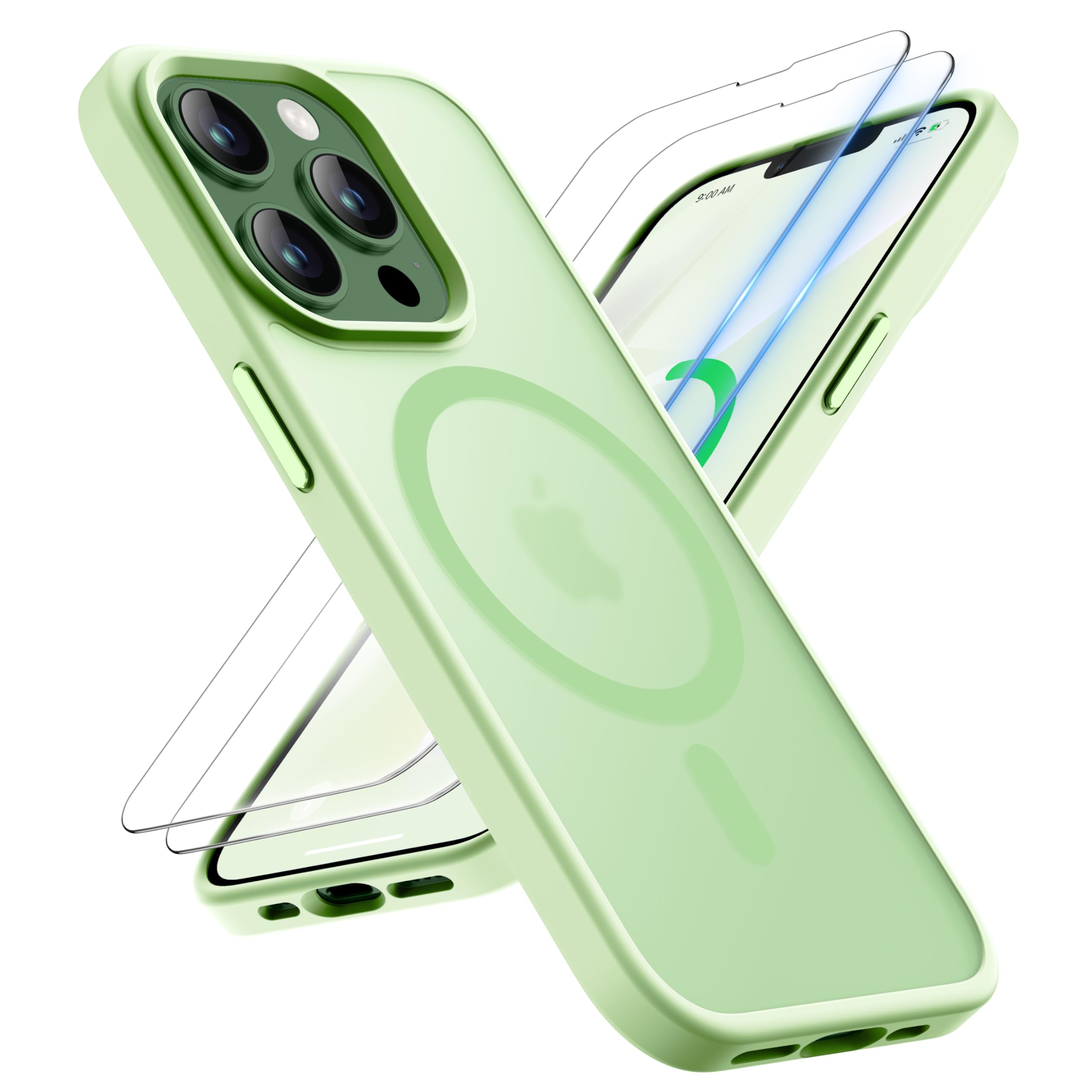 ORETECH for iPhone 13 Pro Max Case, with Mag-Safe [Military-Grade 15FT Drop Protection][2-Pack Tempered Glass Screen Protectors] Shockproof Bumper,Anti-Scratch Frosted Translucent Back Case,Light Cyan