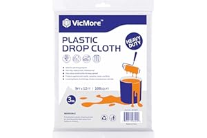 VicMore Heavy-Duty Plastic Drop Cloth - Water & Dustproof, Odorless Plastic Sheet for Painting, Renovations, DIY Projects - Strong Paint Tarp with 3mil Thickness - Floor Covering & Dust Cover - 9’x12