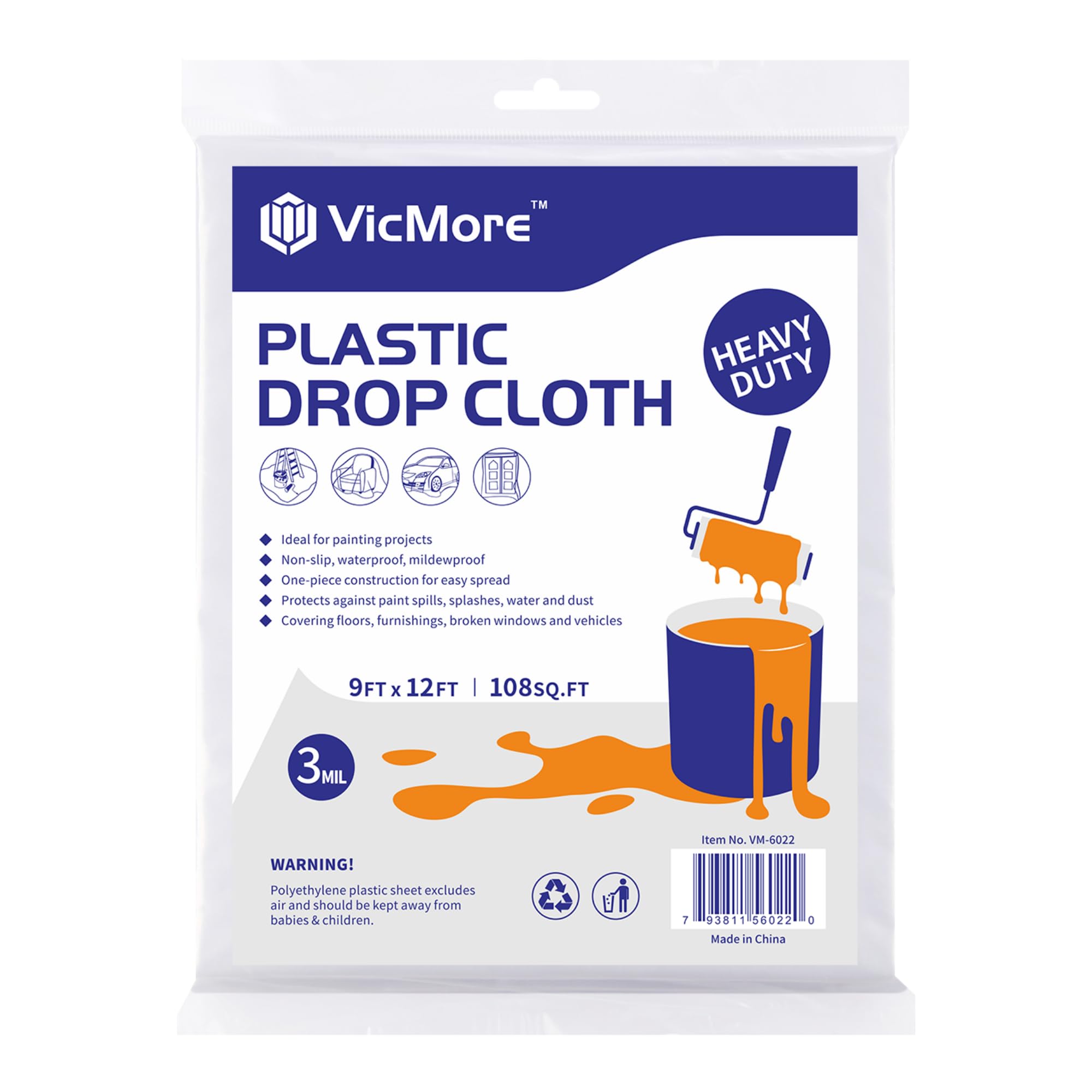 VICMORE Heavy Duty 3 Mil Plastic Drop Cloth for Painting 9 Feet by 12 Feet Strong and Durable Painters Plastic Tarp Waterproof Clear Cover