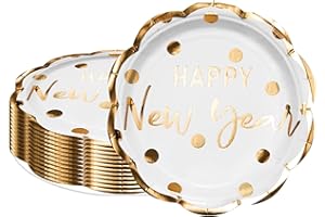 LeZakaa 25Pcs Christmas Paper Plates - Happy New Year Lettering in White, Gold Foil Design Disposable Party Plates Decorative Tableware Supplies Table Decor - 9 Inch