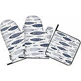 Samgula Blue Fish Oven Mitts and Pot Holders Sets Stripe Pattern Heat Resistant 3pcs for Cooking Baking BBQ
