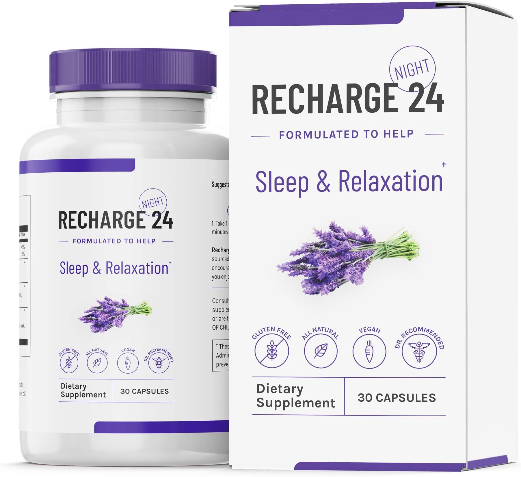 RECHARGE24 PM Sleep Aid, 100% Natural Sleeping Pills with Melatonin and Valerian Root, Supports Stress Resiliency, Insomnia and Anxiety Relief, Combats Adrenal Fatigue: 30 Vegan Capsules