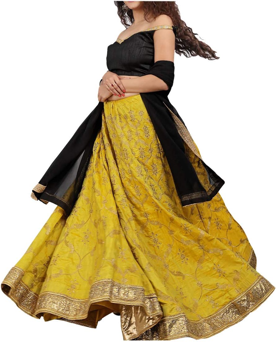 kfgroup Bollywood Designer Women's Readymade Stitched Yellow and Black Silk and Net Heavy Embroidery Lengha Choli