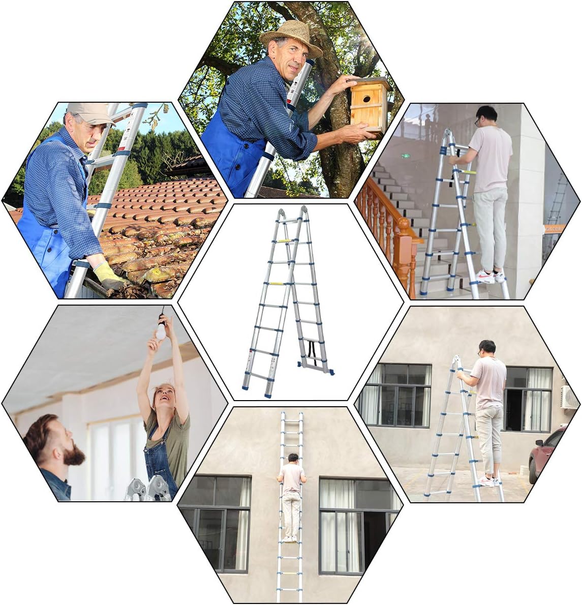 16.5 Ft Telescoping Ladder, Extension Ladder, A-Frame Portable Folding Ladder Aluminium Lightweight 330lb Load Capacity with Support Bar Anti-Slip - - 
